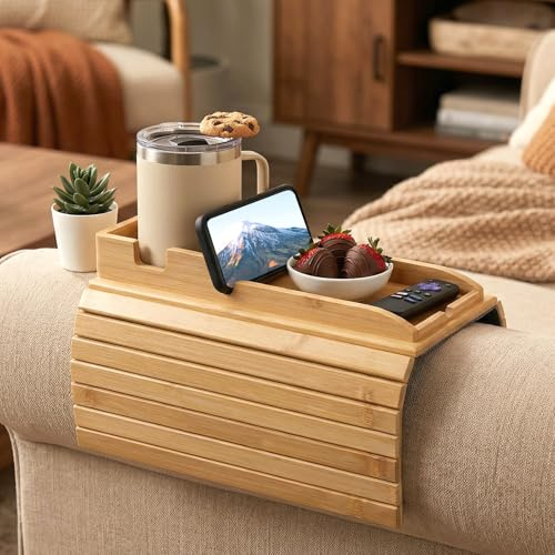 Natural Bamboo Sofa Arm Tray, Foldable Couch Arm Tray with Couch Cup Holder & Side Pocket,Anti-Slip Sofa Armchair Caddy Table for Drink Cellphone TV Remote Snack, 41 x 34 x 11 cm