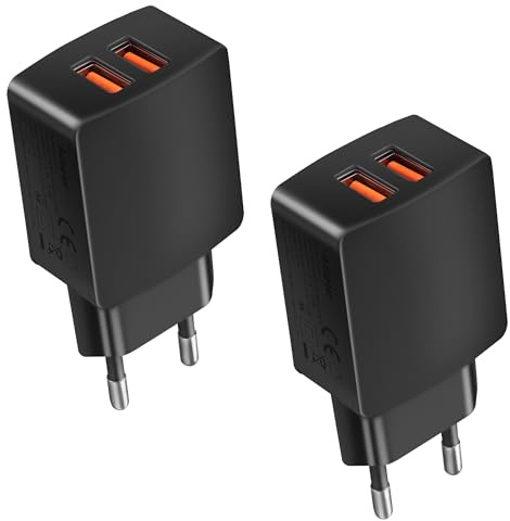 2 stycken USB-A-kontakt, 2 portar med dubbla USB-laddare, 5 V/2.1 A, laddare laddare 10,5 W adapter för iPhone iPad Airpods, Samsung, Google, Huawei, Xiaomi, surfplatta, hörlurar