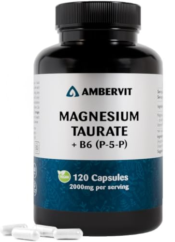 Magnesium Taurate med Vitamin B6 P-5-P – 120 Veganska Kapslar – 2000mg Magnesiumtaurat, 160mg Elementärt Mg – Hög Styrka Taurinbunden Formel – 30 Dagars Förbrukning – Made in EU – Ambervit