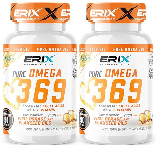 ERIX Nutrición Pack de 2 Omega 3-6-9 con Vitamina E, 180 Perlas | Aceite de Pescado, Lino y Borraja, Con EPA, DHA, ALA y GLA, Suministro para 3 Meses, Enriquecido con Vitamina E, Nutrifight