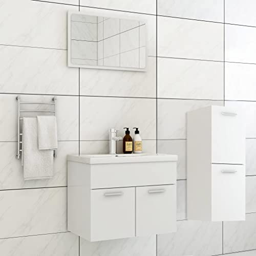 LoogCape Bathroom Furniture Set, White, Made of Wood Material with Sink, Mirror and Midi Cabinet, Bathroom Furniture Set for Washbasin, Storage and Storage Space in the Guest Toilet, Easy to Clean