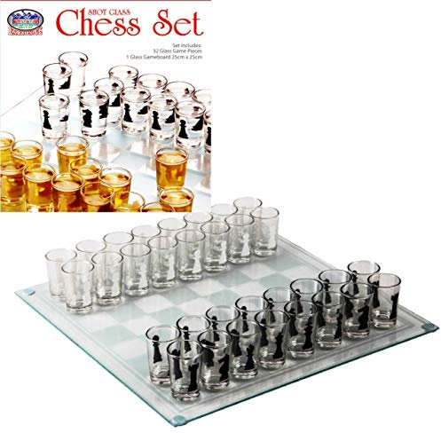 Matty's Toy Stop Small Shot Glass Chess Set Drinking Game Set (10 x 10) with Plastic Shot Glasses (1.5) and Glass Game Board - Drunken Chess