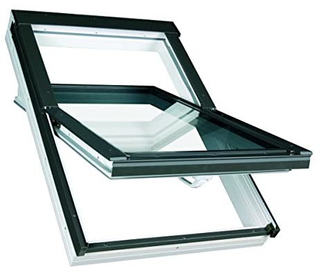 Ventana de techo de plástico, 78 x 98 cm, PVC OptiLight Thermo, con doble acristalamiento, apertura de ventilación y marco para tejas | Ventana oscilante de FAKRO Group
