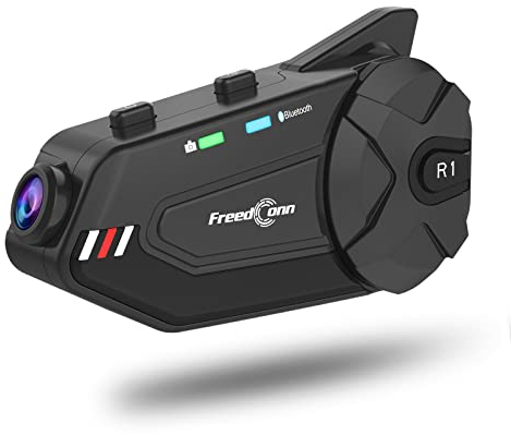 FreedConn Motorcycle Helmet Bluetooth Headset R1plus Camera - Motorbike Bluetooth Headset 1080P 6 Riders 1000M Communication Systems with Boom&Soft Microphone