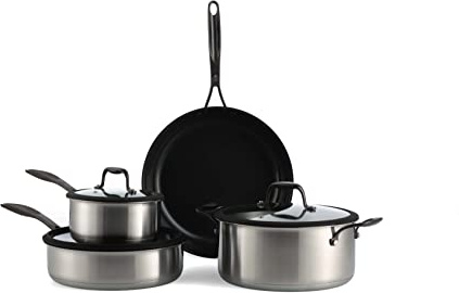 BK Ceramic Black Juego de 7 Ollas y Sartenes de Acero Inoxidable con Revestimiento Cerámico Antiadherente sin PFAS, Sartén, Cacerola, Cacerolas, Tapas, Inducción, Apto para Lavavajillas y Horno, Negro