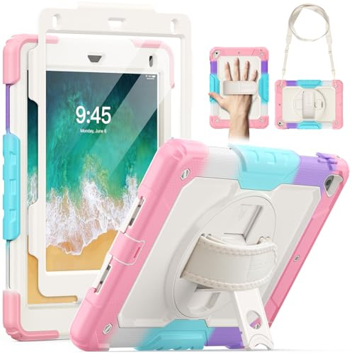 SEYMAC Hülle für iPad 6./5. Gen (2018/2017)/iPad Air 2/Pro 9,7, Rosa | Stoßfeste Hülle mit Displayschutzfolie, 360°Drehbarem Ständer, Handschlaufe, Schultergurt, Stifthalter, Arbeit/Outdoor&Alltag