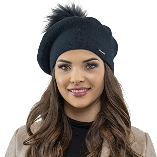 VIVISENCE Winter Baskenmütze Mit Bommel Für Damen Klassischem Herbst Frauen Mütze Schnitt Warmem Garn Mit Wollezusatz Eleganter Wintermütze Ideal Für Kalte Wintertage Modell, Dunkelblau,Einheitsgröße
