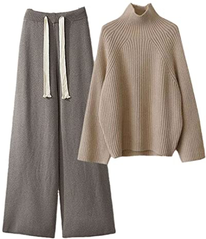Damen Einfarbiges Kaschmir-Strickset, zweiteiliges Set, Übertise, Rollkragen und Hose, Anzüge für den Winter, dicke Pullover, 08 Stück, 48