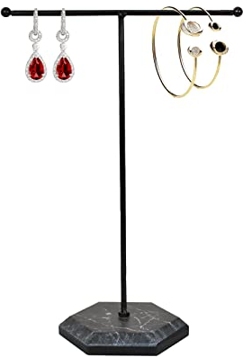 Naapesi Jewellery Organiser Stand, T-Bar Necklace Display Stand Earrings Holder, Metal Hanging Pendant Rack with Marble Pattern Tray, Jewelry Display Stand for Bracelets Rings Keys Watches (Black)