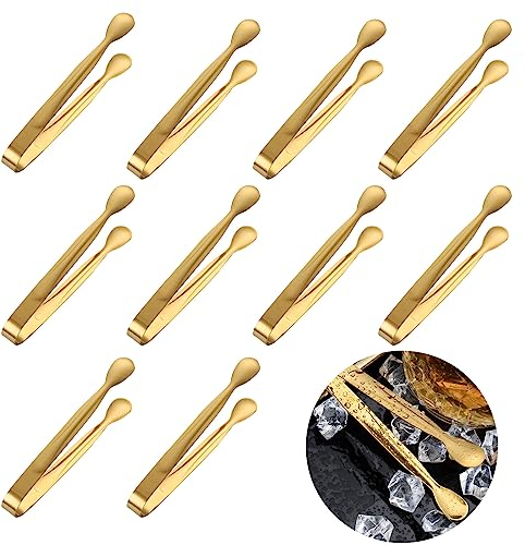 Sixfolo 10 Stück Zuckerzange Eiszange Set,Edelstahl Zuckerzange Candybar Bunte Eiswürfelzange Klein Mini Servierzange für Party Kaffee Bar Küche (Gold)