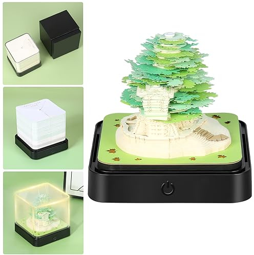Zoomarlous Schreibtisch Kalender mit Lichtern, 3D Kalender Abreißen 2026, 3D Memo Pad Papier Kunst Sakura Baum, Kreative Notizblock Papier Schnitzen Geschenk Home Desktop Dekoration (Grün)