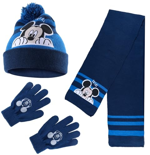 VOENCSU Mickey Wintermütze Jungen, Mickey Schal, Handschuhe Kinder Mickey, 3-In-1 Mütze Und Schal Kinder Set Winter Jungen