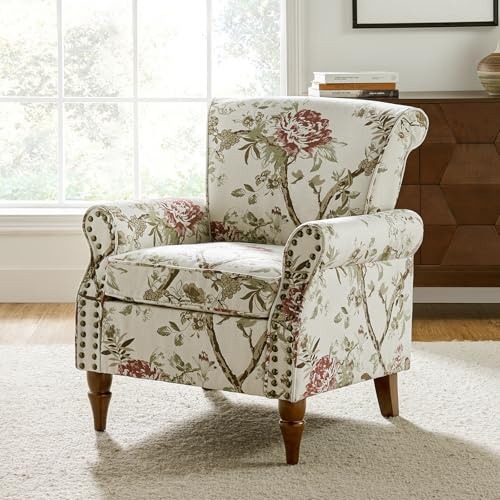 HULALA HOME Modern Wingback Accent Chair with Wood Legs & Removable Cushion, Comfy Upholstered Armchair with Nailhead Trim, Floral Pattern Single Sofa Chair for Living Room Bedroom, FLORAL