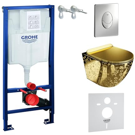 LAVITA Elemento de pared Solido Start + pared colgante inodoro Sofi Slim Golden Eye Gold sin borde + asiento de inodoro SoftClose | Botón cromado | Juego completo | cisterna empotrada | inodoro