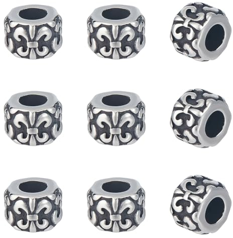 UNICRAFTALE 10 Stk 304 Edelstahl Europäische perlen Antiksilber Tibetischen Stil Metall Perlen Säule Großes Loch Perlen Für Haare Bart Armbänder Schmuckherstellung 9 mm