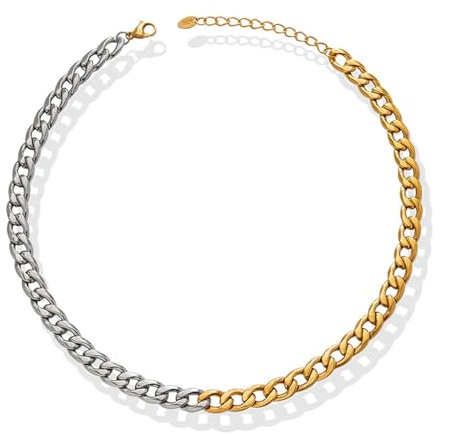 Mesnt Kette Edelstahl Damen, Bicolor Kandare Kette Halskette aus 316L Edelstahl für Frauen Silber Gold, Länge 45CM