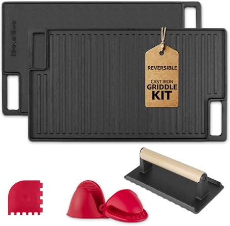 HeroFiber Cast Iron Reversible Grill/Griddle Set with Press, Scraper & Mitts - Pre-Seasoned, Non-Stick - 16.75 x 9.5 - Gas Stove, Grill, Camping, Outdoors, Black, OG7-18