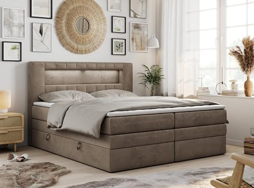 MKS MEBLE Boxspringbett 180x200 Modern Polsterbett mit LED und Kopfteil, Multipocket Matratze H4 mit Topper T25, Doppelbett mit Bettkasten Stauraumbett - GOLD-5-KING - Braun Velvet