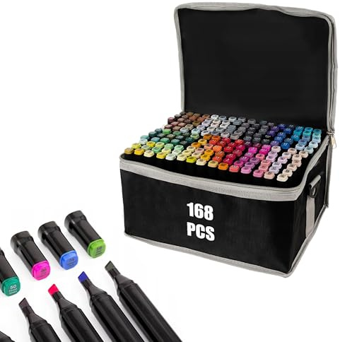 H&F Heimtextilien Alkoholmarker Set 168 Farben – doppelseitig (Fein & Breit) – schnelltrocknend, blendbar & wischfest – nummerierte Kappen & Tasche – für Manga & Illustration