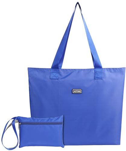 AOTIAN Large Capacity Reusable Grocery Shopping Bag with Zip Women's Ultra-light Foldable Handbag Tote Travel Shoulder Bag with Small Purse Beach Bag Gymbag, Blue