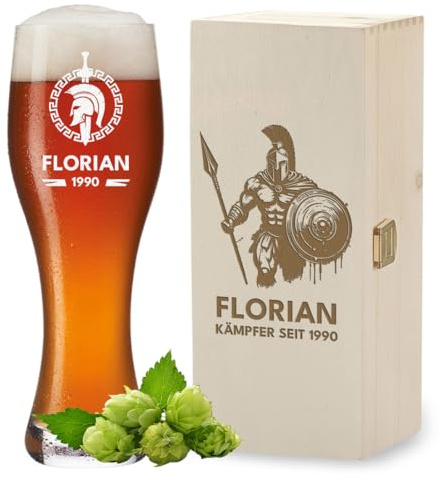 polar-effekt Verre à bière blanche de 0,5 l et boîte en bois avec gravure personnalisée - Cadeau d'anniversaire pour homme - Passe au lave-vaisselle - Sans BPA