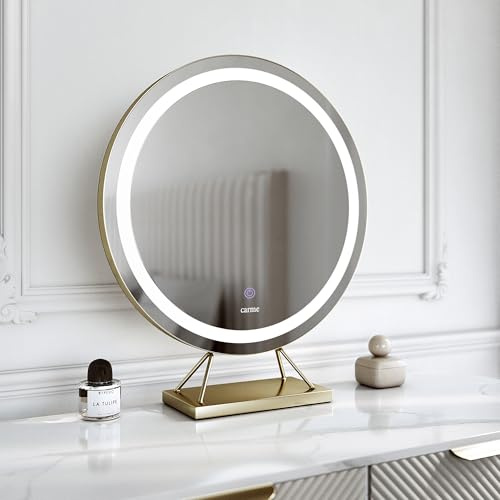 FABS Desktop Vanity Illuminated Makeup Mirror with Touch LED Lights Sensor 3 Colour Settings Dimmable Brightness Lighted Ring Dresser Mirror Gold Frame and stand (Lillia Gold)