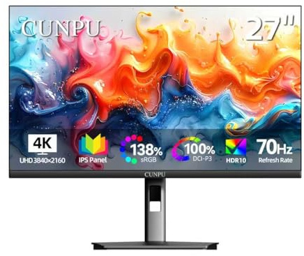 CUNPU 27 Inch 4K 70Hz Monitor, UHD (3840 * 2160) IPS Ultra-Slim Bezel Monitor for Photo Video Editing, ΔE < 2, 100% DCI-P3, 1.07B+ Colors, PIP-PBP, Adaptive Sync, DP/HDMI, Black