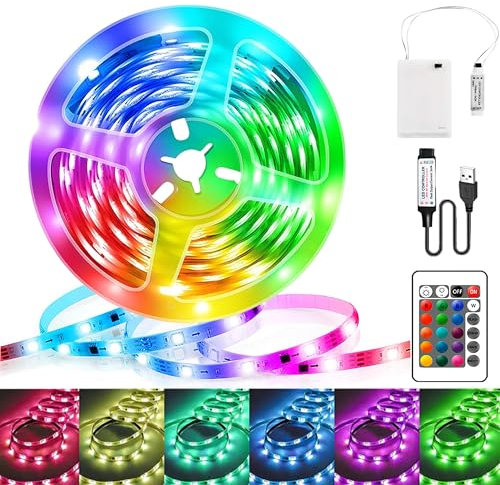 Ruban Led 2M, RGB 5050 Bande LED Alimenté par Batterie ou USB, Dimmable 16 Couleurs Led Bande avec Télécommande pour Chambre, Salon, Rétroéclairage TV, Bar, Fête