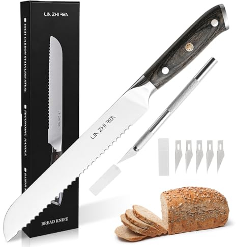 LIN ZHI REN Brotmesser, 8-Zoll-Edelstahl-Brotmesser mit Wellenschliff und Holzgriff, mit 5,5-Zoll-Schnitzmesser-Set, 5 scharfe Klingen