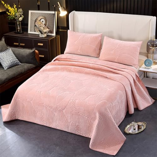XIUWOUG Tagesdecke 240x260, Baumwolle Tagesdecke Gesteppt Palmblätter Bettüberwurf, Kristallsamt wolldecke, Steppdecke mit 2 Kissenbezügen, Sofa Überwurfdecke Wohndecke für Bett,Rosa,220x240