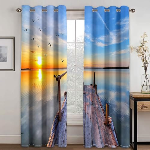 Mesnt Thermovorhang Hitzeschutz, 214x244cm Mehrfarbig Sonnenuntergang Seevögel und Holzbrücke Thermal Curtains Blackout Vorhang Wärmeisolierend