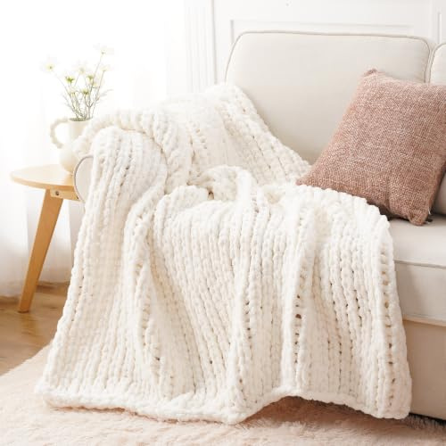 Battilo Chunky Knit Blanket Throw Cream White Chenille Sofa Throw 125x150cm
