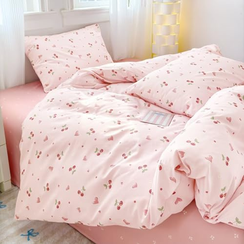 AShanlan Bettwäsche Baumwolle 135x200 Rosa Kirschen Herzen Bettwäsche-Sets | Bettbezug 135x200 und 1 Kissenbezug 80x80 cm, ÖkoTex Zertifiziert Bettwäsche-Sets mit Reißverschluss