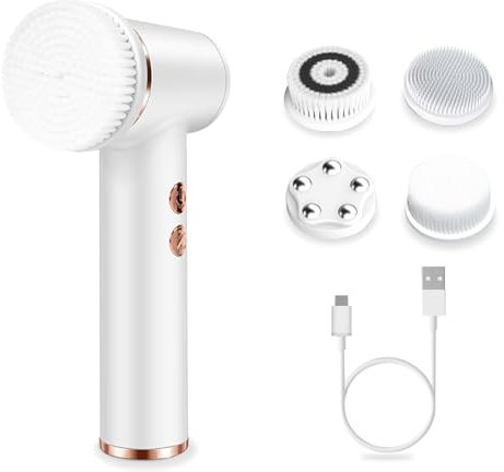 Spazzola elettrica per la pulizia del viso 4 in 1, girevole a 360°, con 4 testine e 3 velocità, spazzola impermeabile per pulizia profonda e massaggio del viso (bianco)