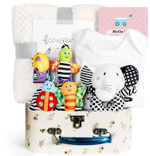 SGZIOO Canastilla Bebé Recién Nacido, Regalo Bebe Recien Nacido Niño y Niña, Cesta Bebe Recien Nacido Niño, Peleles Bebé, Calcetines, Pulsera, Sonajero de Elefante, Tarjetas Felicitación, Toallas Baño