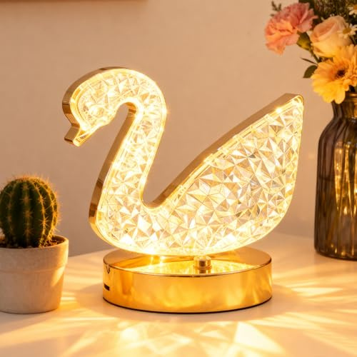 Yarteim Nachttischlampe Touch Dimmbar, LED Tischlampe USB Aufladbar, Kristall Schwan Tischlampen, Tischleuchte Outdoor und Indoor, Schreibtischlampe Nachtlicht Kinder für Schlafzimmer Wohnzimmer