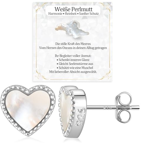 JANDY SHINE Herz Weiße Perlmutt Ohrringe für Damen 925 Sterling Silber Hypoallergene Natürlicher Edelstein Ohrstecker (Silber)