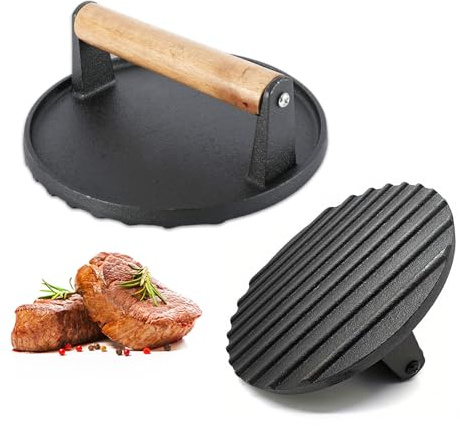 YUNYDSM Burger Smasher, Burgerpresse Gusseisen, Patty Presse Runde, (Ø 17.5cm), Smashed Burger mit Hitzeabweisendem Griff, Zum Pressen von Steaks, Burgern, Speck,Würstchen