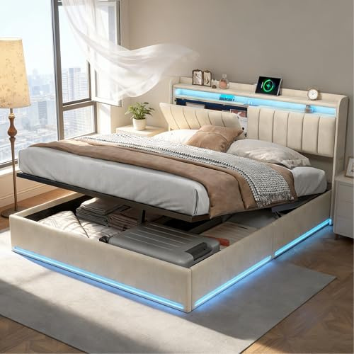 BRILVERDE Letto imbottito 140x200 con Contenitore idraulico, Letto matrimoniale a LED con USB, Funzionale con testiera, Struttura letto con rete a doghe, Velluto (Beige, 140 x 200 cm)