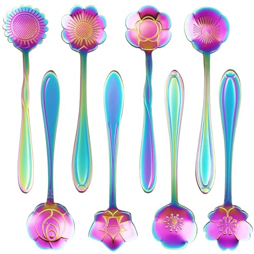 Ensemble de Cuillères à Fleurs 8 Formes Cuillère à Café en Acier Inoxydable, Pour Dessert, thé, Espresso, Lavables au Lave-vaisselle