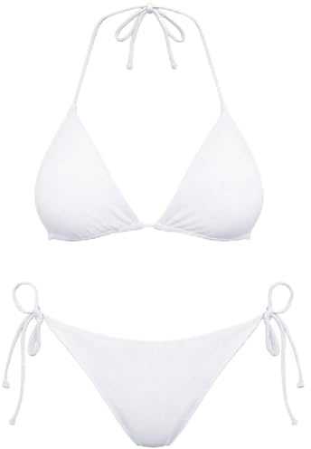 MUNSKT Bikini de mujer de 2 piezas, traje de baño para mujer, top triangular con tirantes ajustables Halter, bikini sexy de triángulo, shorts de cintura baja, blanco, L