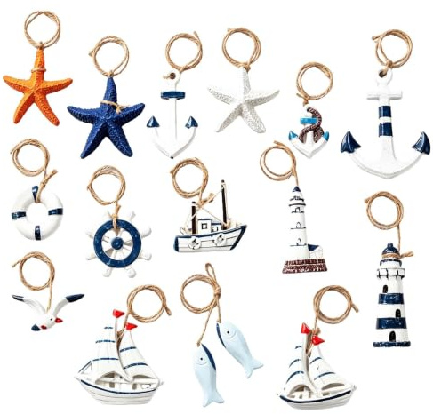 Maritime Deko Set 15 Stück Nautische Dekoration zum Aufhängen mit Seestern Boot Anker Leuchtturm Rettungsring Fisch Steuerrad Möwe für Badezimmer Strand Sommerdeko Fischernetz Deko Klein Wanddeko