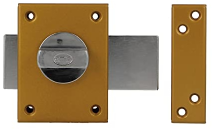 Amig - Cerradura de Sobreponer con Palanca de Cierre y Muletilla Interior para Puertas de Madera Mod. 85-85 x 65 mm - Pestillo Con Cilindro Redondo de Seguridad - Acero Esmaltado Oro