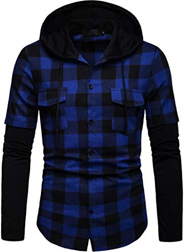 Iris Sprite Sweat à Capuche Homme Chemise Carreaux avec Poche Poitrine Épissage Manches Longues