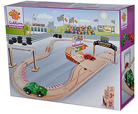 Eichhorn 109475850 - Schienenbahn Set Porsche Racing, 31-TLG., inkl. Zubehör, Streckenlänge: 350cm, FSC 100% Zertifiziertes Buchenholz