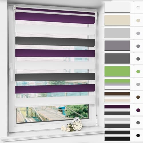Magiea Doppelrollo Klemmfix ohne Bohren & mit Bohren, Weiß-anthrazit-aubergine B80 x H120 cm Stoffbreite 76 cm, Klemmrollo lichtdurchlässig und Blickdicht, Fensterrollo Sonnenschutzrollo für Fenster