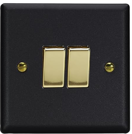 Varilight Double Rocker Light Switch 2-Way - Vogue Matt Black With Polished Brass Rockers, XY2V.MB