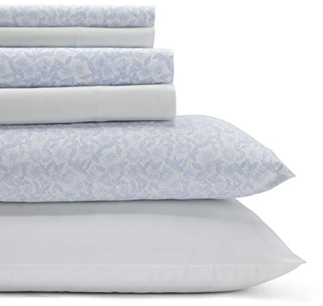 Laura Ashley - Queen Sheets, Cotton Percale 6-Piece Bedding Set, Crisp & Cool Home Decor (Belle Blue Cashmere, Queen)