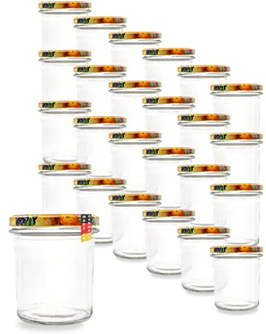 flaschenbauer.de 24er Set Sturzgläser 340 ml inkl. Twist Off Deckel TO82 mit Obstdekor zum Einmachen von Suppen, Babynahrung, Dips oder zur Aufbewahrung von Tee und Kräuter