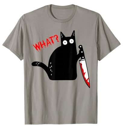 Cat What? With Knife Costumes - T-shirt Gris Chat Noir Meurtrier Drôle avec Couteau - T-shirt Femme Homme Unisex Adulte Petite Regular S